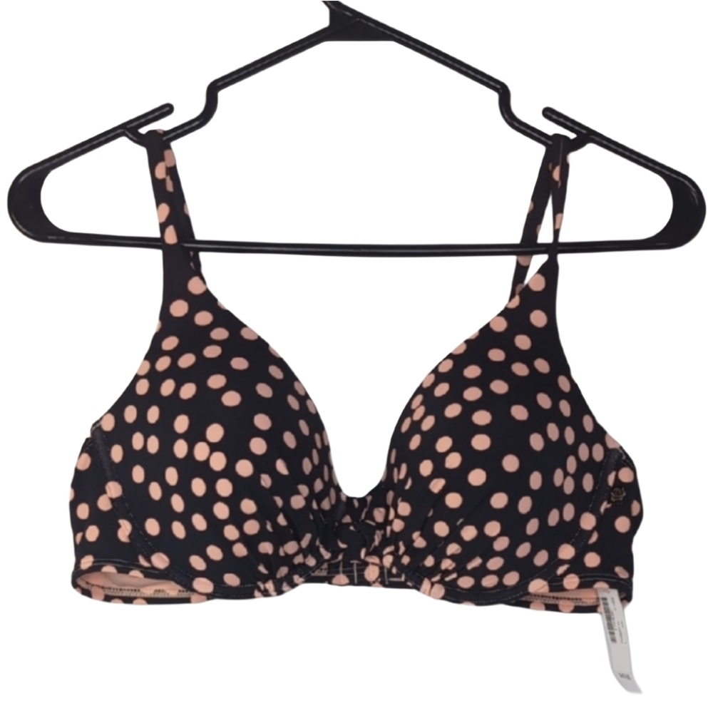 NEW La Vie En Rose Women's Large Black Peach Dot Padded Push Up Swim Bikini Top